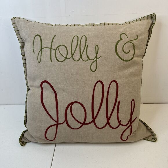 Holly Jolly Christmas Cotton Throw Toss Pillow Embroidered Khaki Green Crimson - Picture 2 of 9